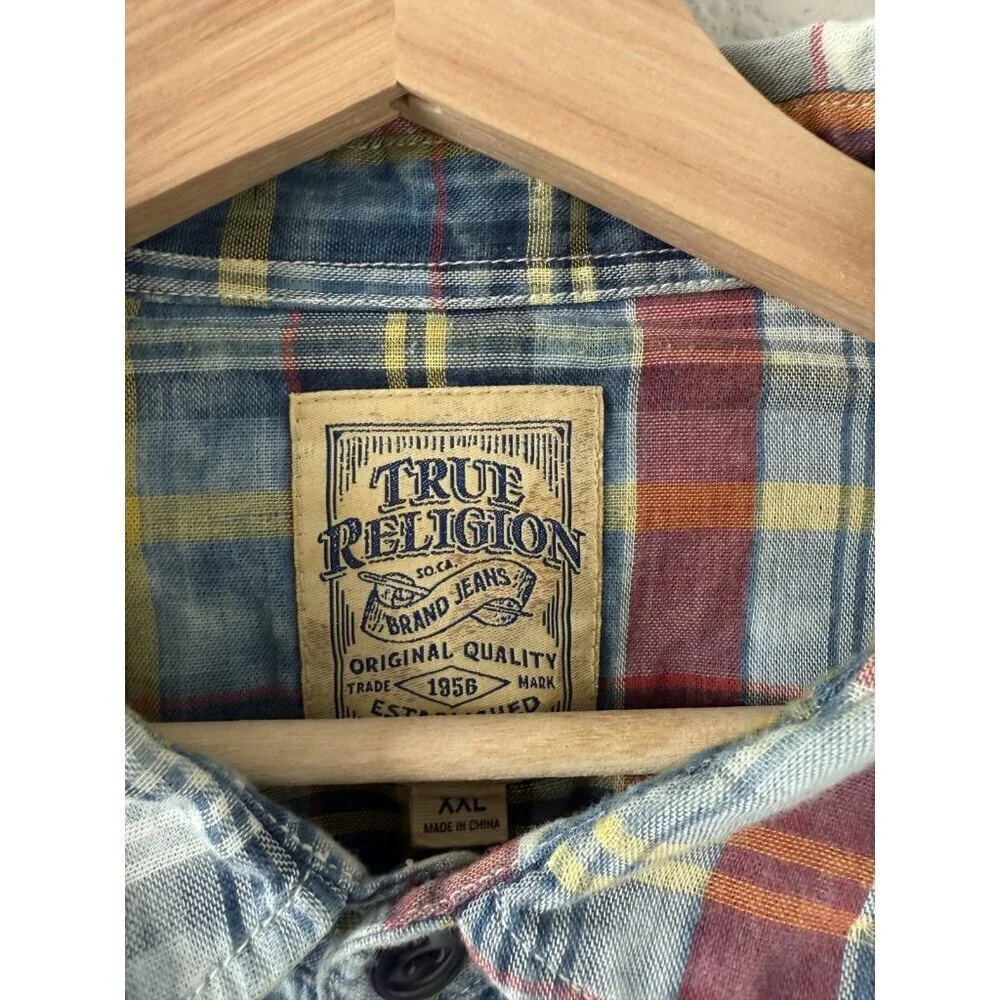 True Religion Plaid Button Up Polo Shirt Western Cowboy Casual Cotton Mens XXL